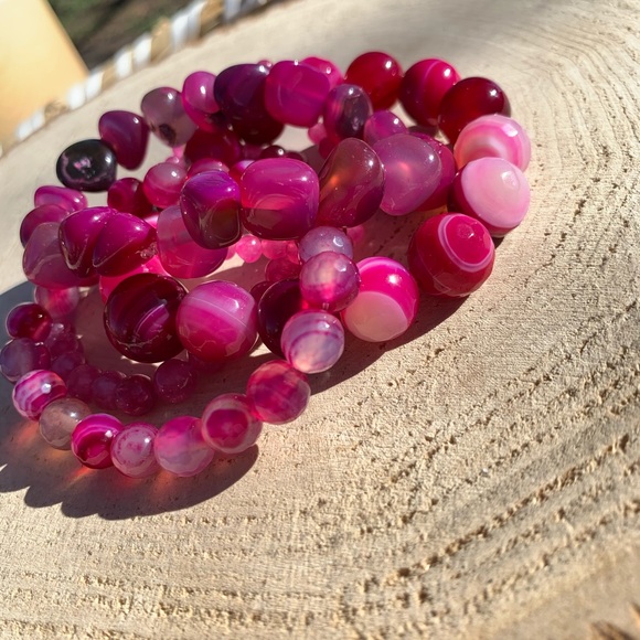 Natural Pink Striped Agate & Genuine Tourmaline Pink Quartz Gemstone Bracelet - Picture 9 of 15
